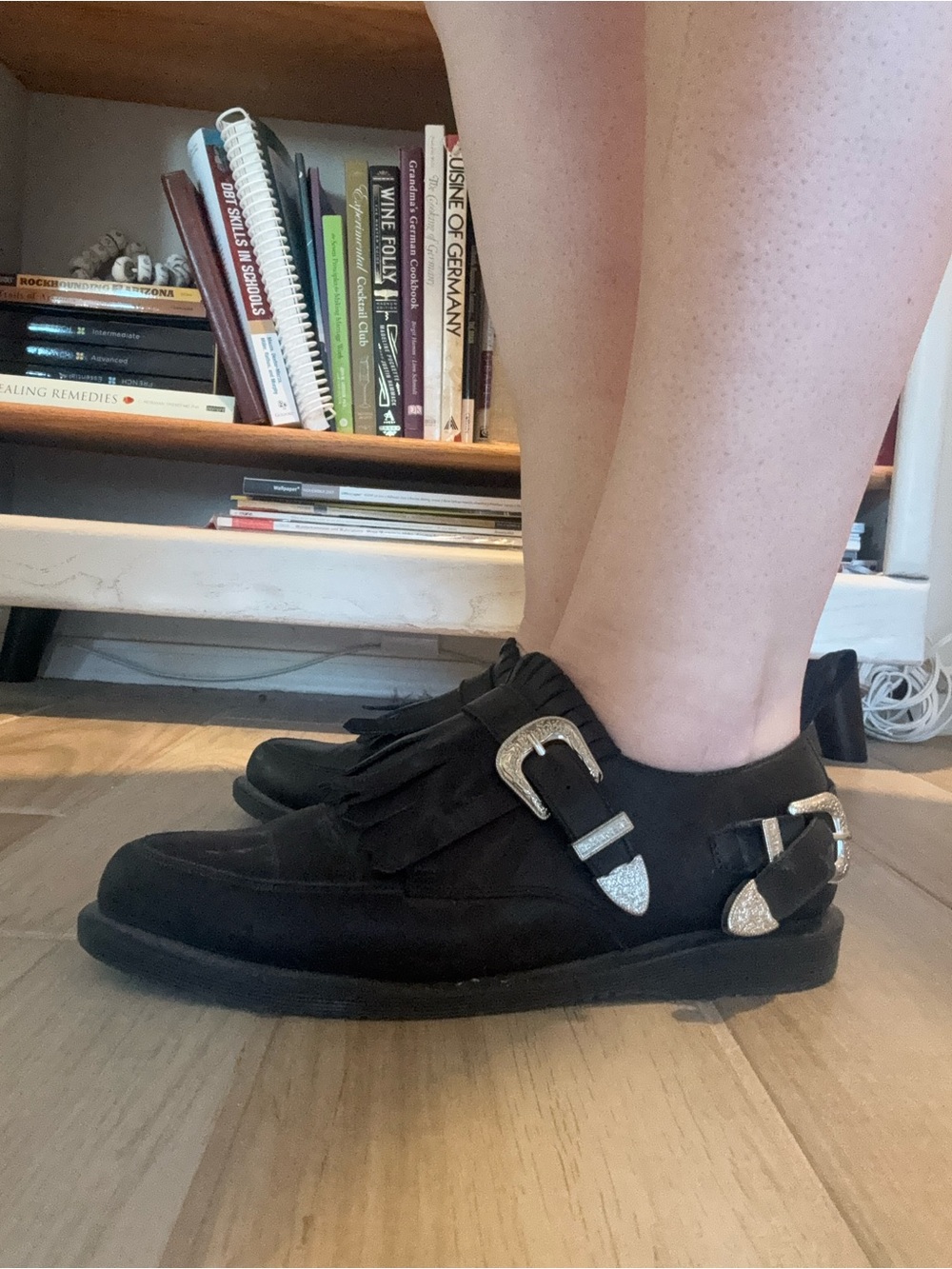Dr. Martens Black Leather Fringe Loafers with Silver Buckles